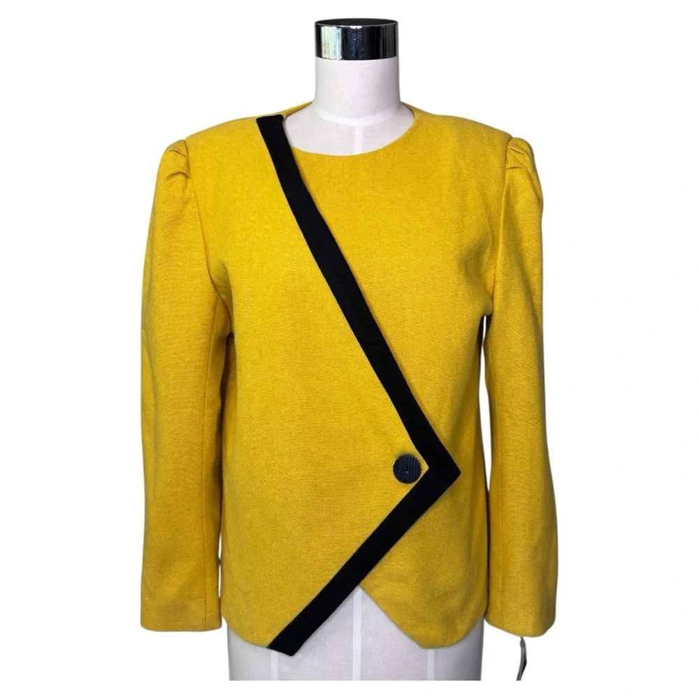 Vintage 80s Abstract Color-block Yellow‎ and Black Statement Wool Jacket 10P